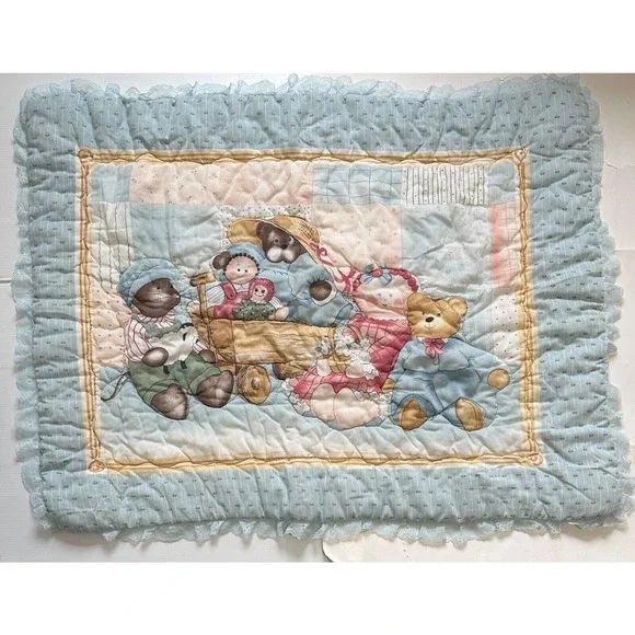 Bear Family Holding Raggedy Ann Wagon Blue Lace Quilt Baby Nursery Blanket - Picture 3 of 6